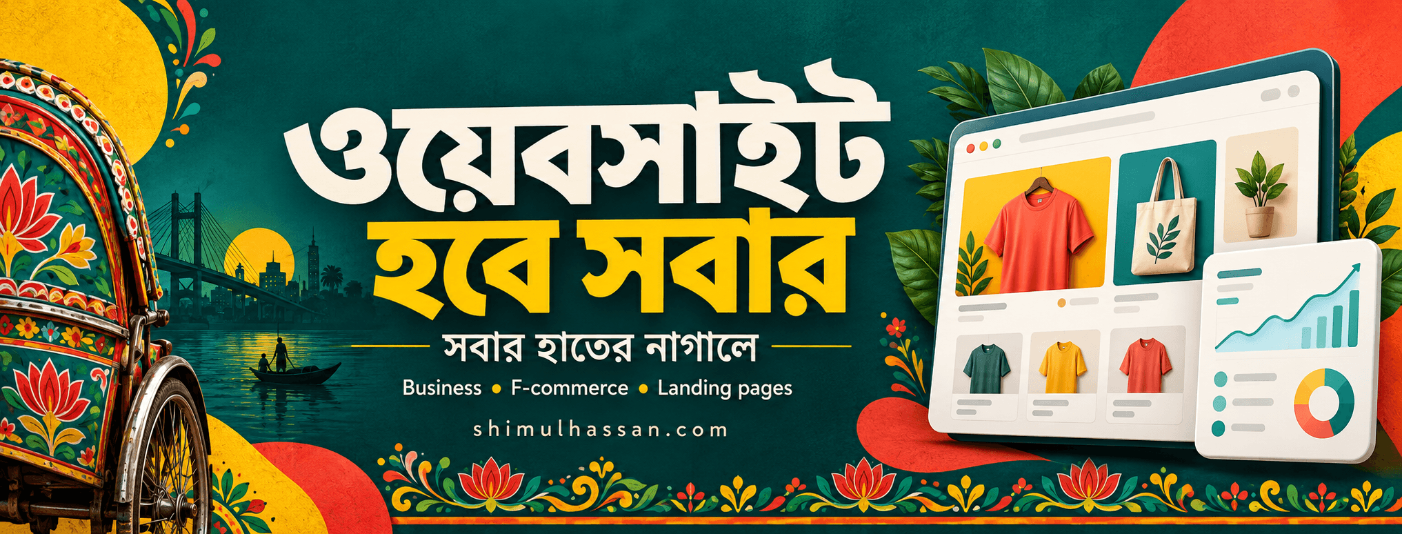 ওয়েবসাইট হবে সবার — সবার হাতের নাগালে। Business, F-commerce and landing pages by Shimul Hassan, illustrated with a colourful rickshaw and online store.