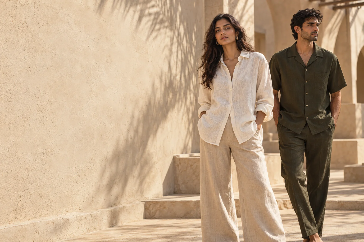 Two models wearing relaxed ivory and olive linen in a sunlit courtyard