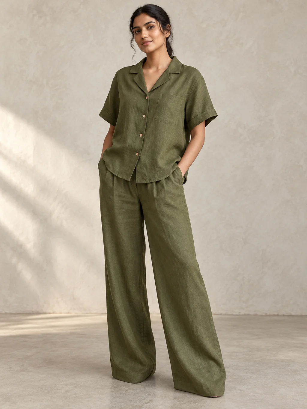 The Weekend Co-ord in Olive, worn by a model