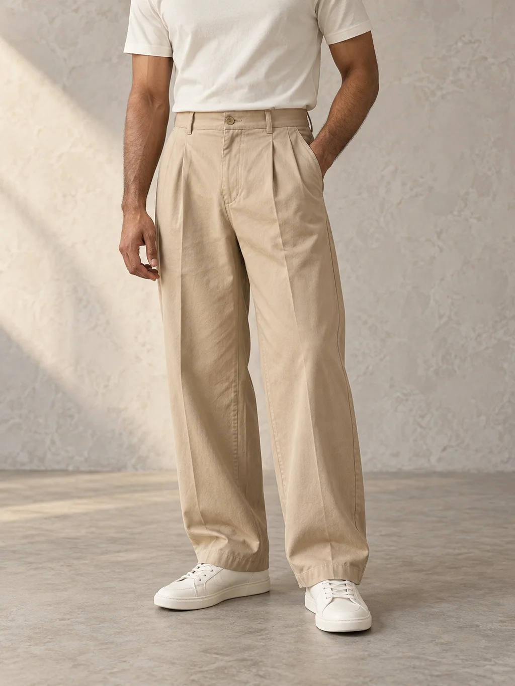 The Easy Pleated Trouser in Sand, worn by a model